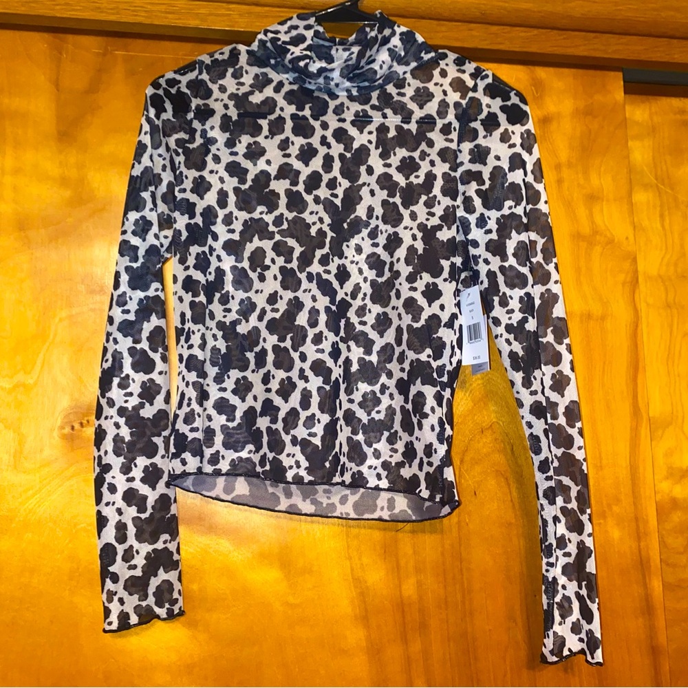 Originality Sheer Black and White cow print mesh top mock neck